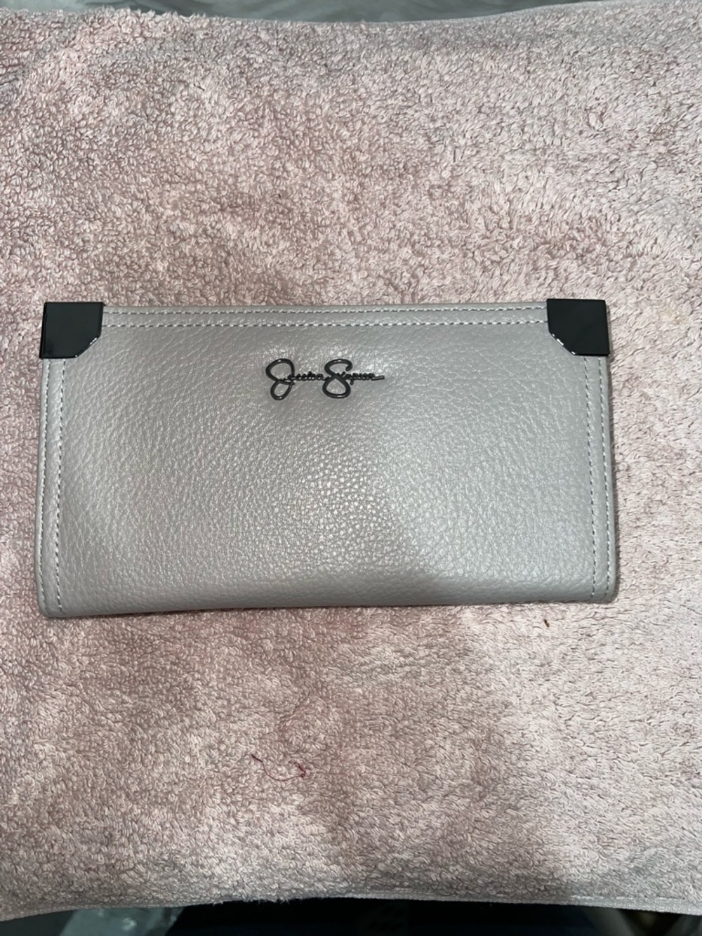 Jessica Simpson Silver Gray Leather Wallet with Black Corner Accents